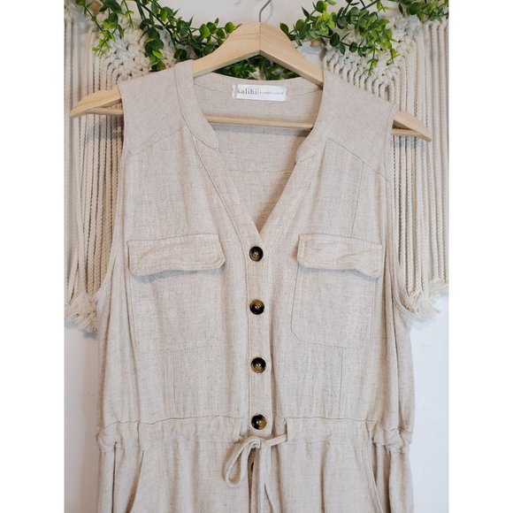 Kalihi Neutral Linen Button Front Romper-Medium-Ivory. - Picture 7 of 11